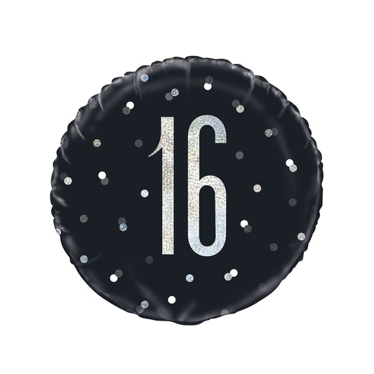 Unique Black Number Prismatic 16th Birthday Round Foil Balloon, 18" 1 Pc, Age 16