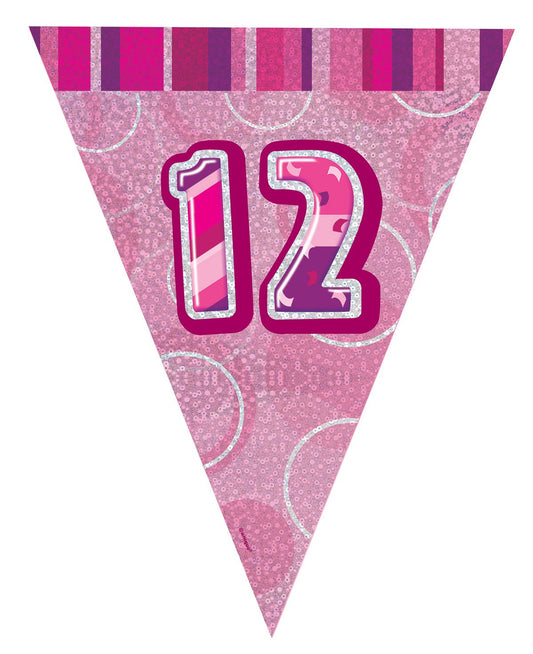 Unique Party - 9ft Foil Glitz Pink Happy 12th Birthday Bunting Flags