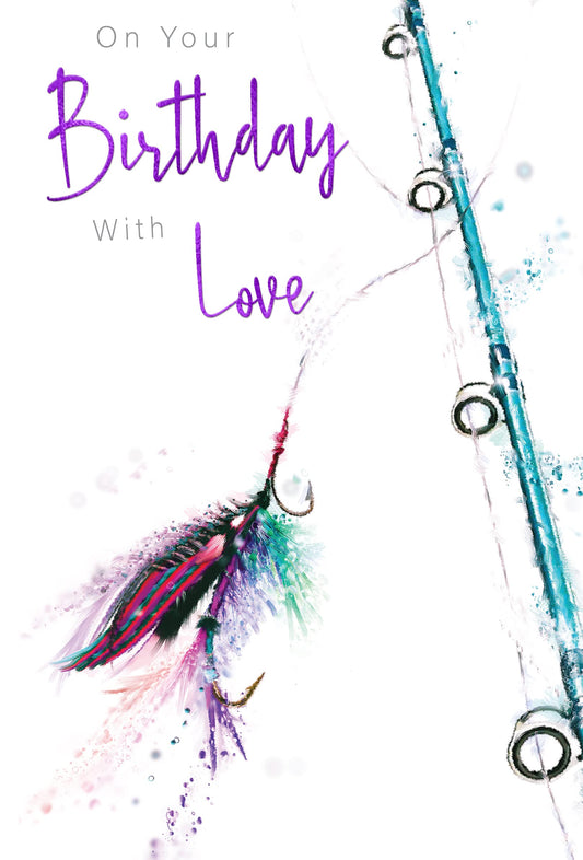 Into the Green Fishing Open Birthday Card, Fluted Foil captioning with Envelope