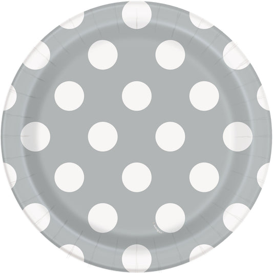 Unique Party - 18cm Silver Polka Dot Party Plates, Pack of 8