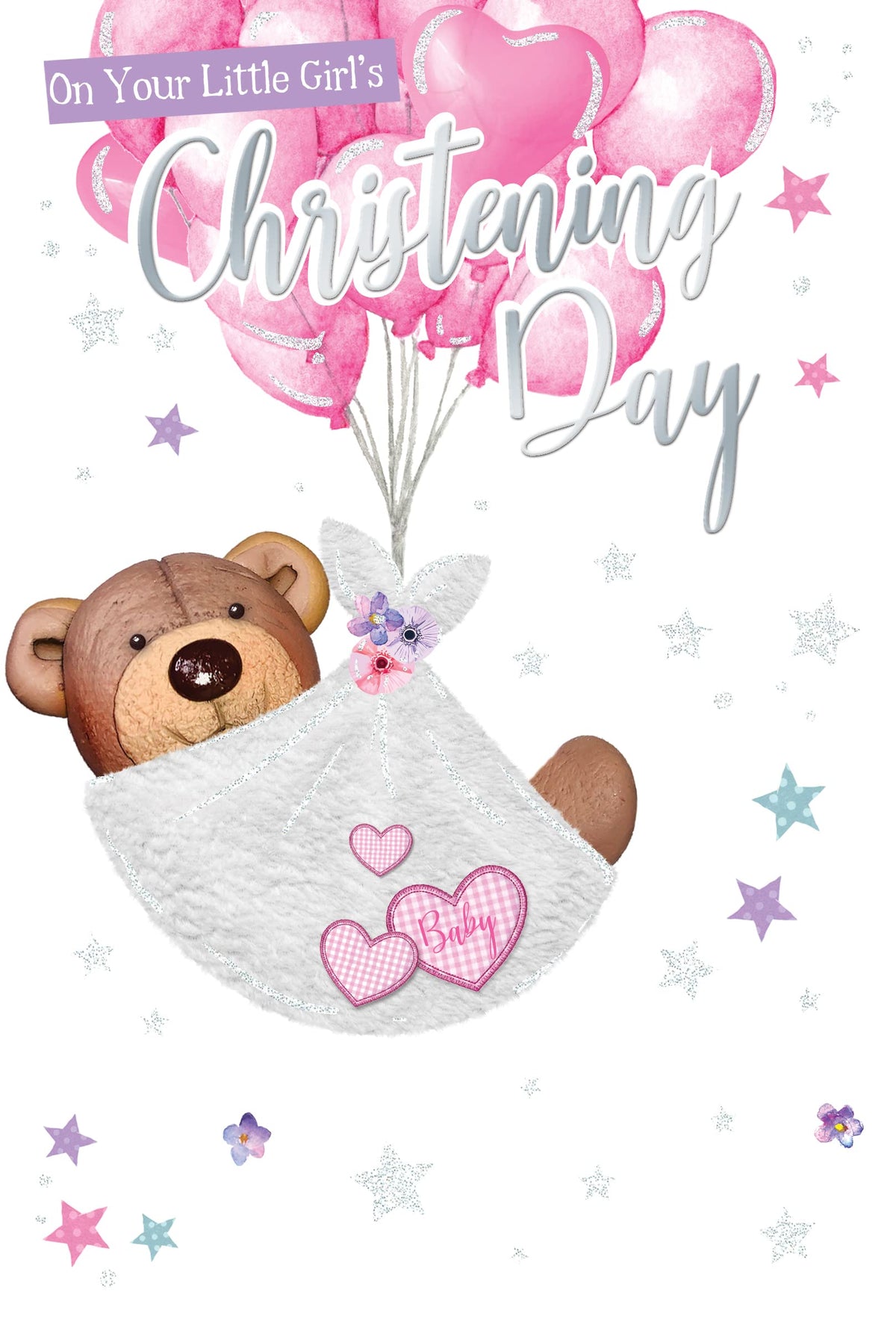 Into The Green Publishing 100 Percent Plastic Free ECO Friendly, Modern Lovable Bear Girl Christening Card, Fluted Foil finish & ECO Glitter with Envelope