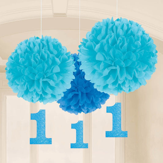 amscan Blue 1st Birthday Fluffy Pom Decorations-3 Pcs, 16"