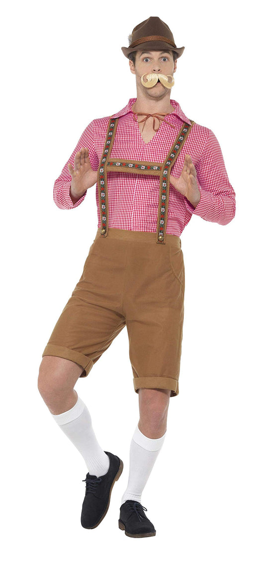 Mr Bavarian Costume, Red & Brown, with Shirt & Lederhosen, (M)