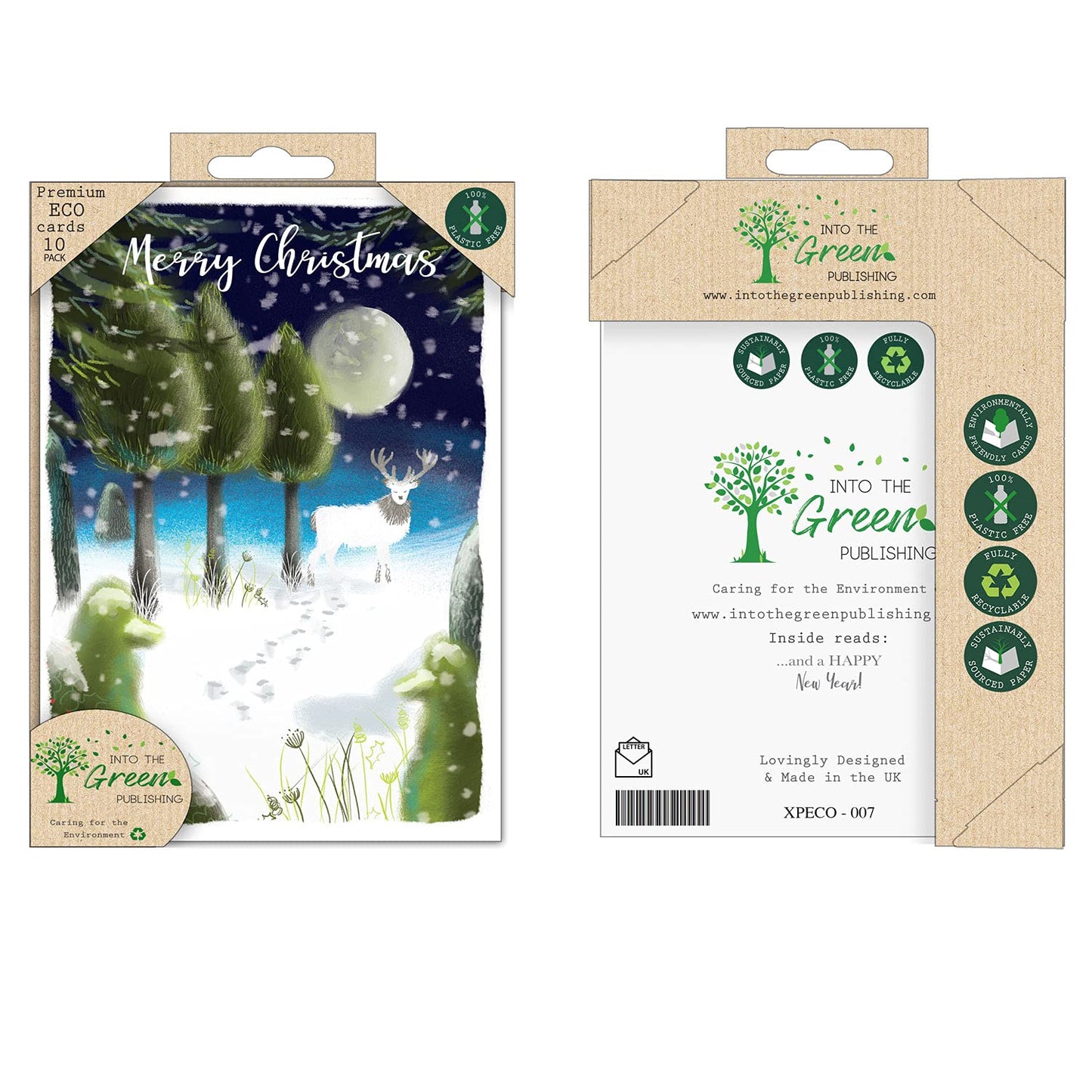 Into the Green Pack of 10 Xmas Christmas Card with Envelopes (Reindeer in Moonlight)