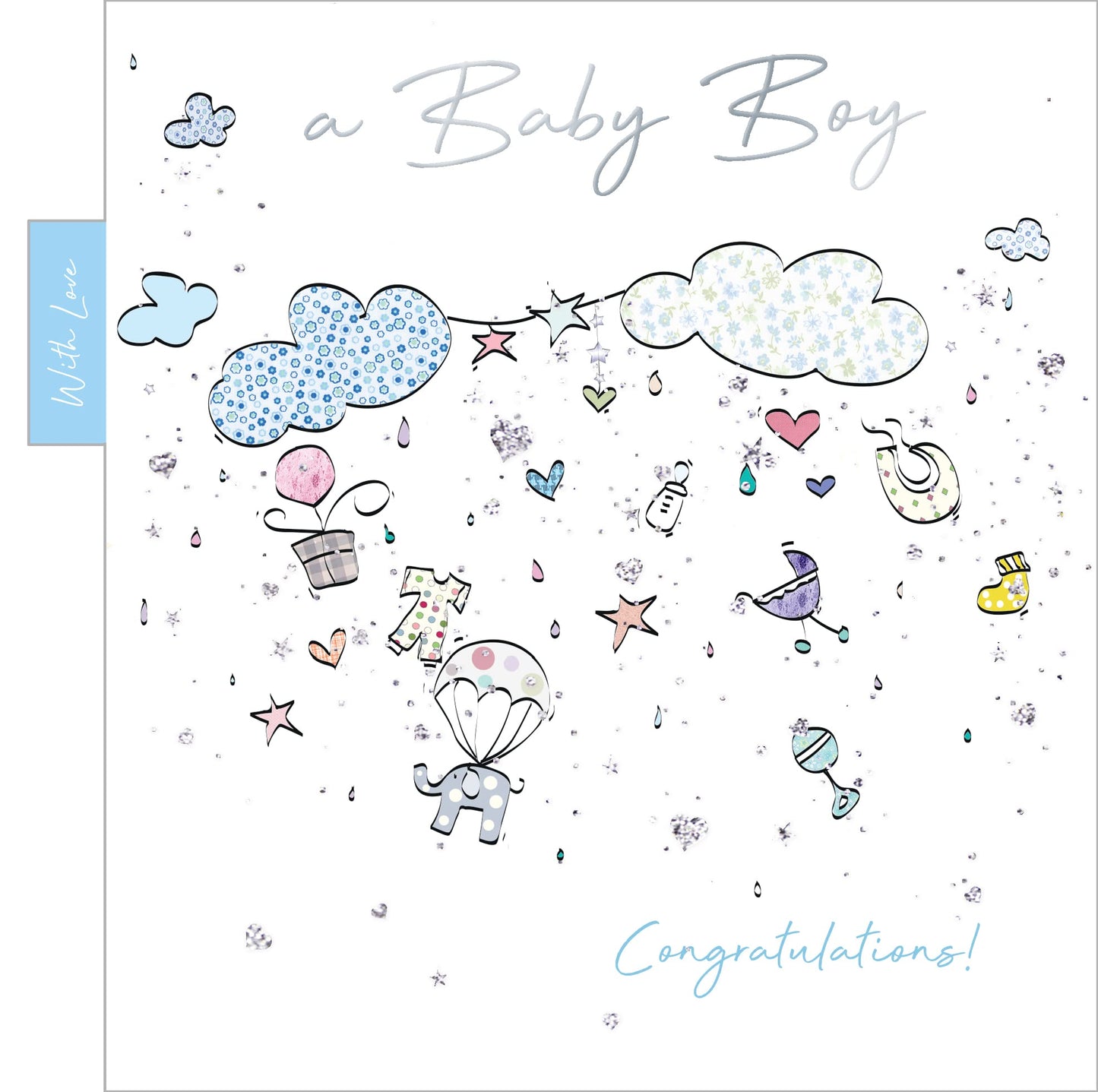 Into the Green Clouds Birth Boy Card with Glitter & envelope