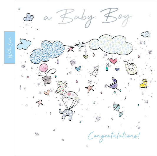 Into the Green Clouds Birth Boy Card with Glitter & envelope