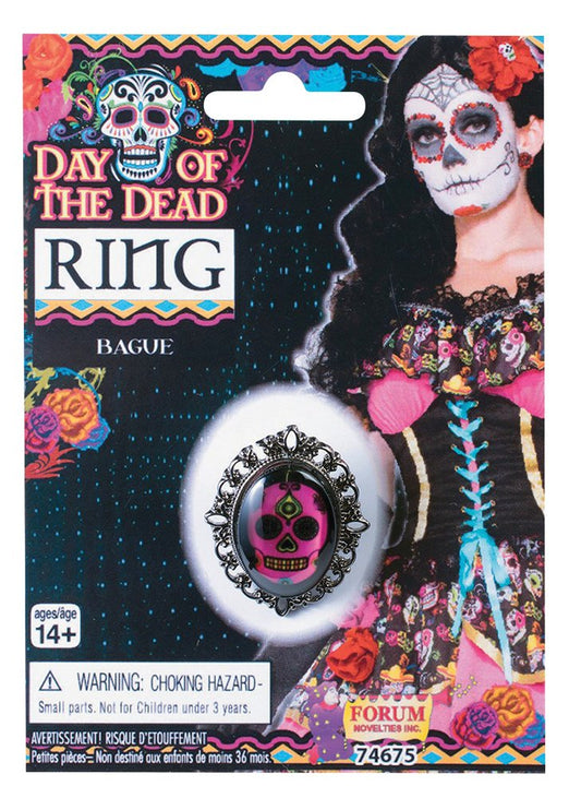 Bristol Novelty Day of the Dead Ring | Silver, Black, Pink | Pack of 1, One Size
