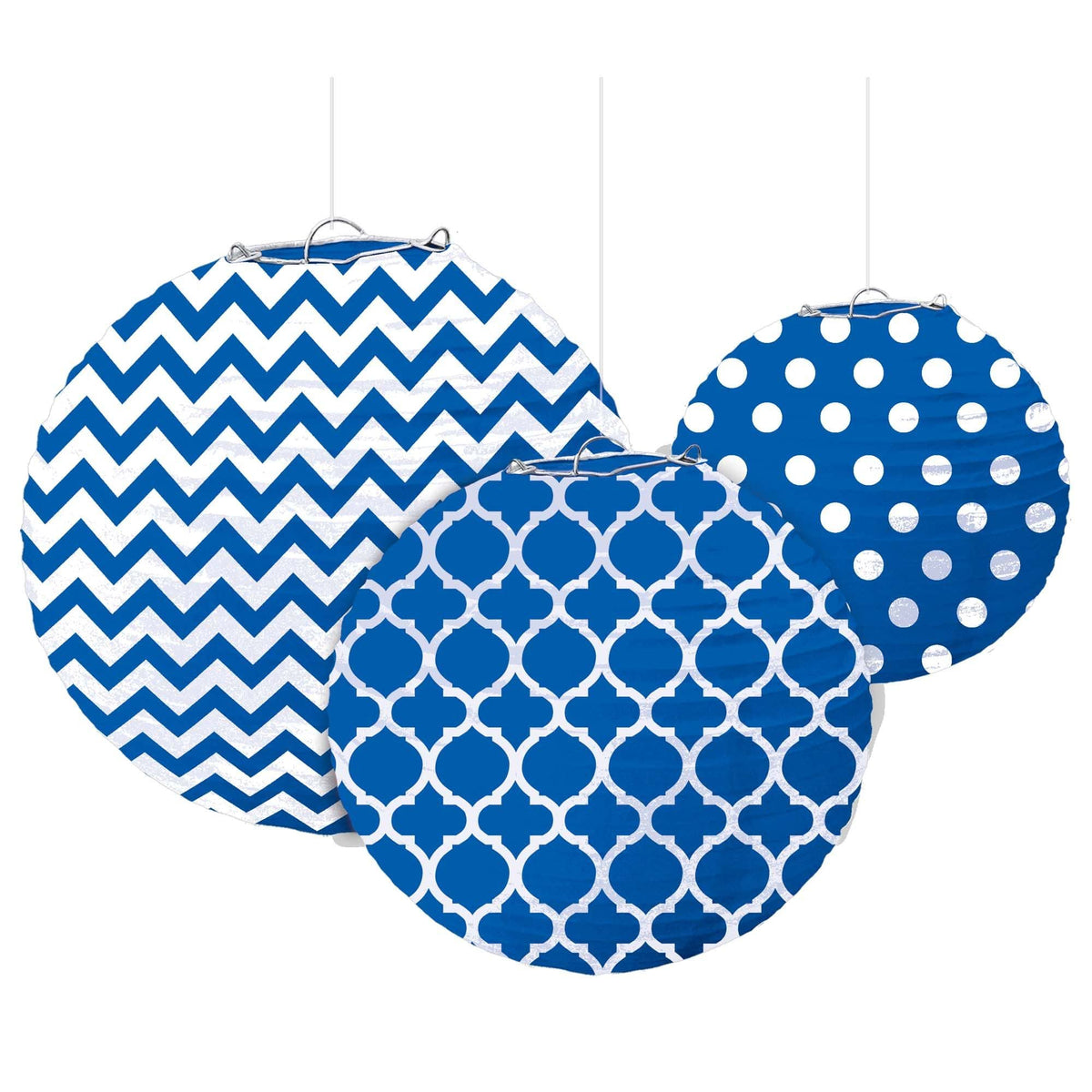 Amscan Bright Royal Blue Dots & Chevron Round Lanterns 24cm /3