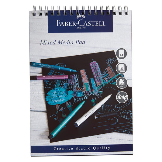 Faber-Castell Creative Studio Mixed Media Pad, A4, Spiral Bound Paper (Black), 250 GSM, 30 Sheets, All Media, Acrylic, Watercolour Paint, Pencils, Pastel, Charcoal, Graphite, Art, Craft, Home, School