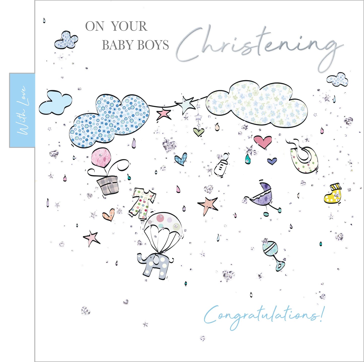 Into The Green Clouds Christening Card with Glitter & envelope