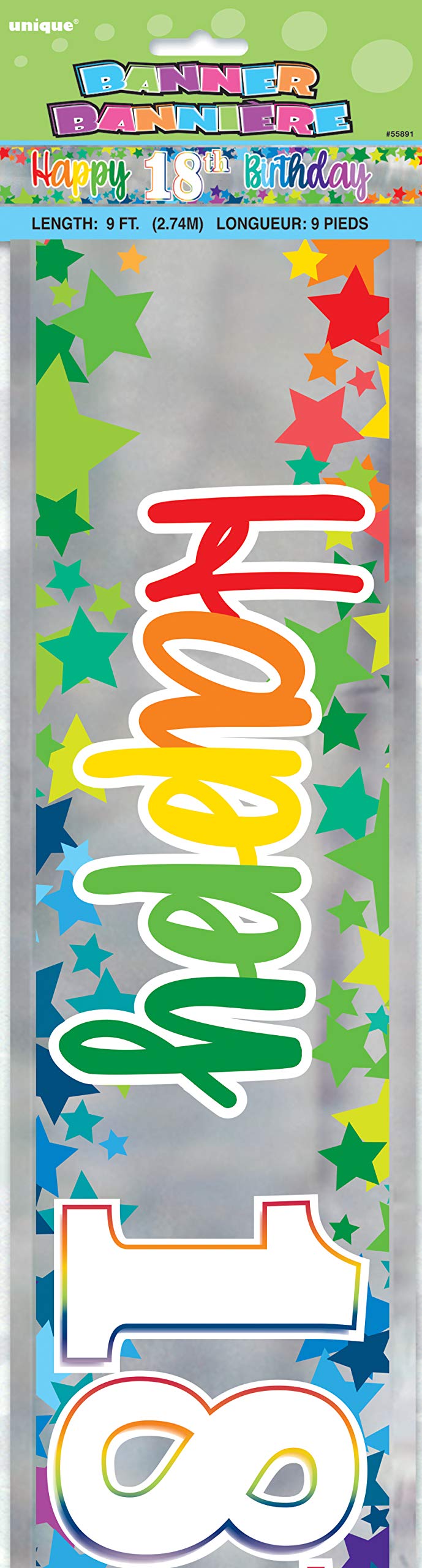 Unique Party - 9ft Foil Rainbow Stars Happy 18th Birthday Banner