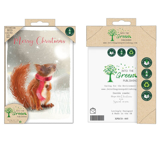 Into the Green Pack of 10 Xmas Christmas Card with Envelopes (Squirrel in Scarf)