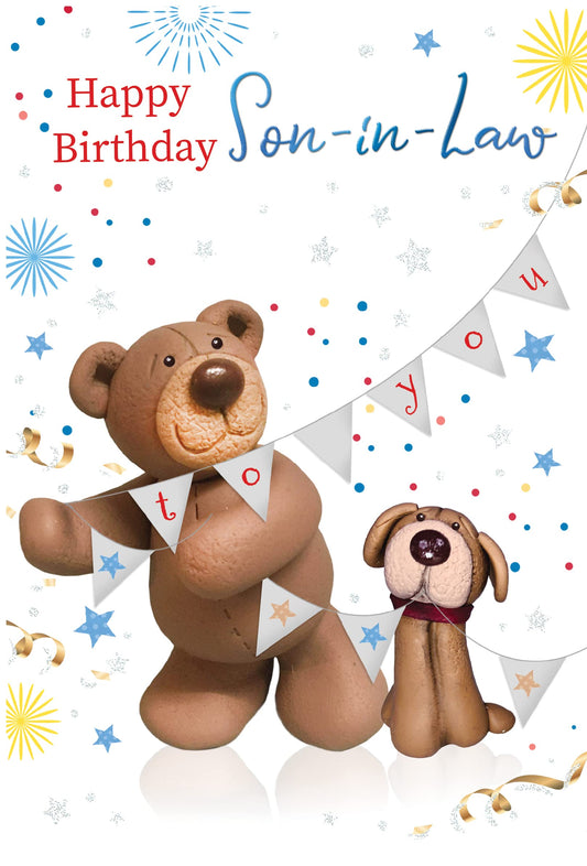 Into The Green  Modern Lovable Bear Son In Law Birthday Card, Fluted Foil finish & ECO Glitter with Envelope