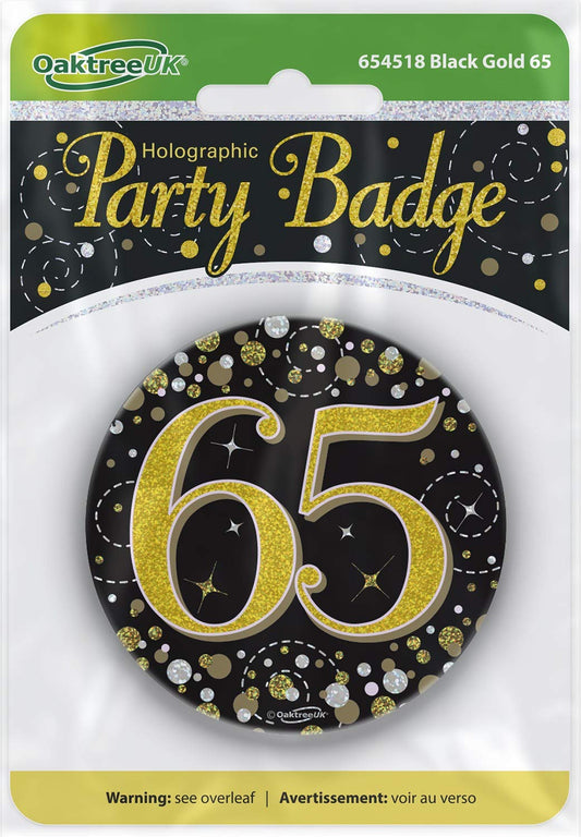 OakTree 3" Badge 65th Birthday Sparkling Fizz Black Gold Holographic