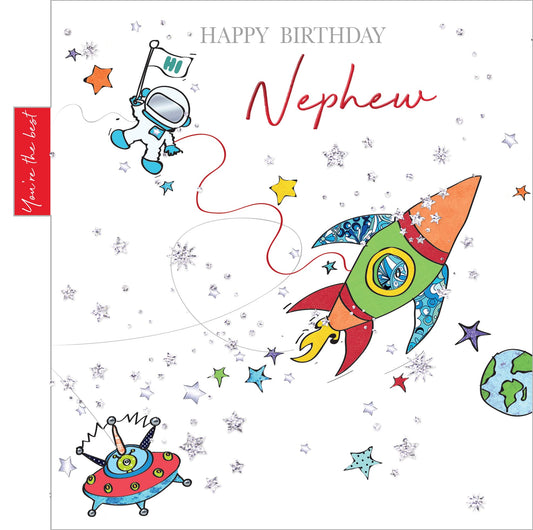 Into The Green  Rocket Birthday Nephew Card with Glitter & envelope