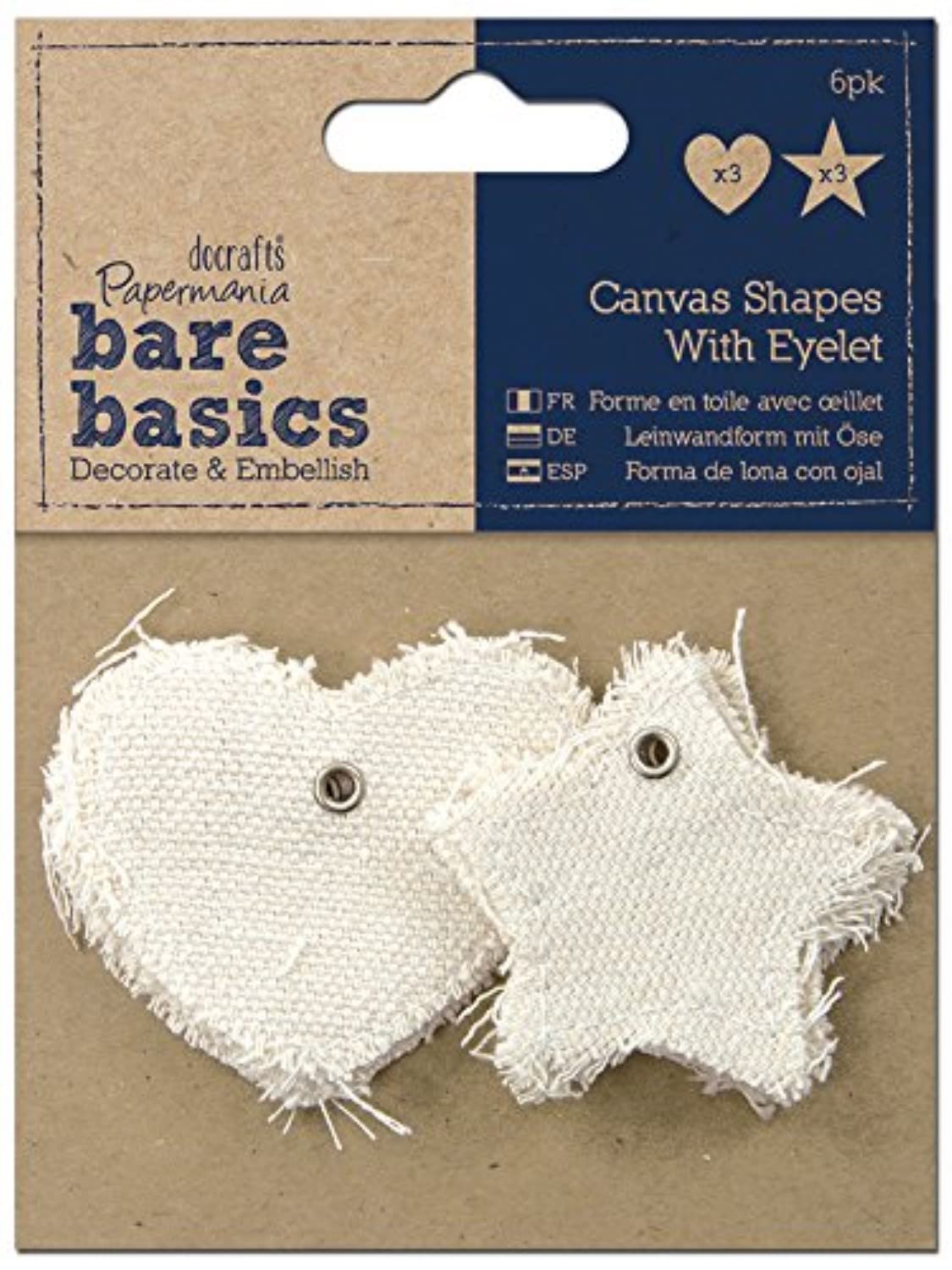 Papermania Bare Basics Canvas Shape with Eyelet/Star and Heart, Pack of 6, White