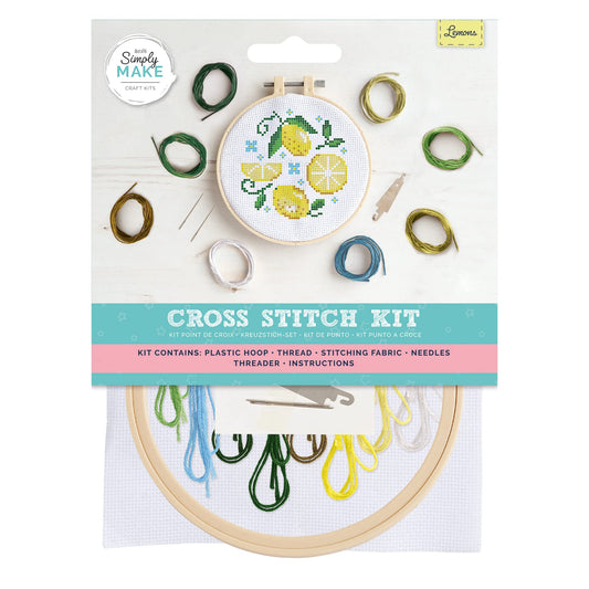 Simply Make Cross Stitch Kit - Lemons Design for Kids and Adults, Including Hoop, Embroidery Thread, Fabric and Needle - Perfect for Adult Crafts and Beginners - Starter Cross Stitch Craft Kit