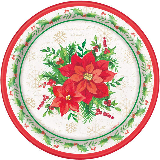 Unique Round Paper Dessert Plates - 7" | Festive Poinsettia Christmas | 8 Pcs