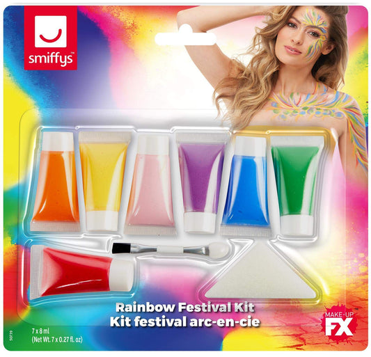 Smiffys Make-Up FX, Rainbow Festival Kit, with Aqua Cream Paints & Applicators