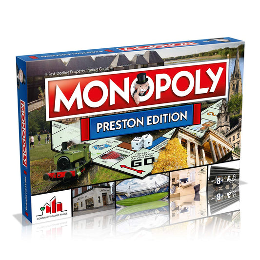 Winning Moves Preston Monopoly Board Game, Advance to Harris Museum and Art Gallery, Royal Preston Hospital or Deepdale and trade your way to success, 2-6 players makes a great gift for ages 8 plus