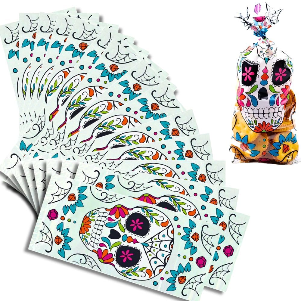 Unique Party - Cellophane Skull Day of the Dead Halloween Party Bags, Pack of 20