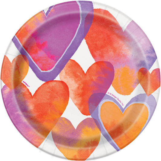 Unique Party - 18cm Watercolour Hearts Valentines Day Paper Plates, Pack of 8