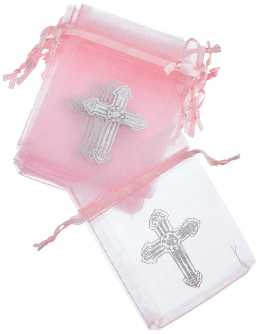 Pink Organza Bag with Crosses - 8.8cm /12