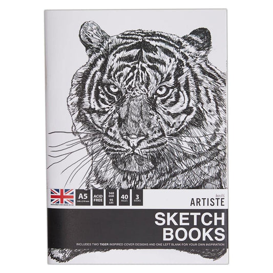 Docrafts Artiste A5 Sketchbooks - Tigers Notebooks - Pack of 3 for Drawing, Sketching, Doodling, Writing and Scrapbook Designs with Mixed Media, Pen, Ink, Painting and More