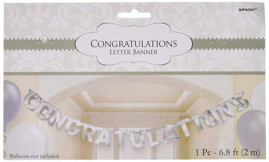 1 Silver Congratulations Hanging Letter Banner Decoration 2m x 15cm