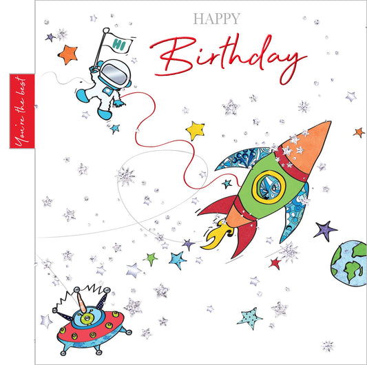 Into the Green  Rocket Birthday Card with Glitter & envelope