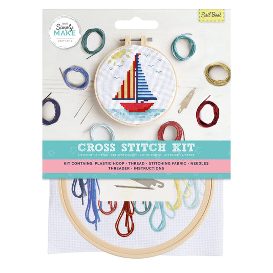 Simply Make Cross Stitch Kit - Sail Boat Design for Kids and Adults, Including Hoop, Embroidery Thread, Fabric and Needle - Perfect for Adult Crafts and Beginners - Starter Cross Stitch Craft Kit