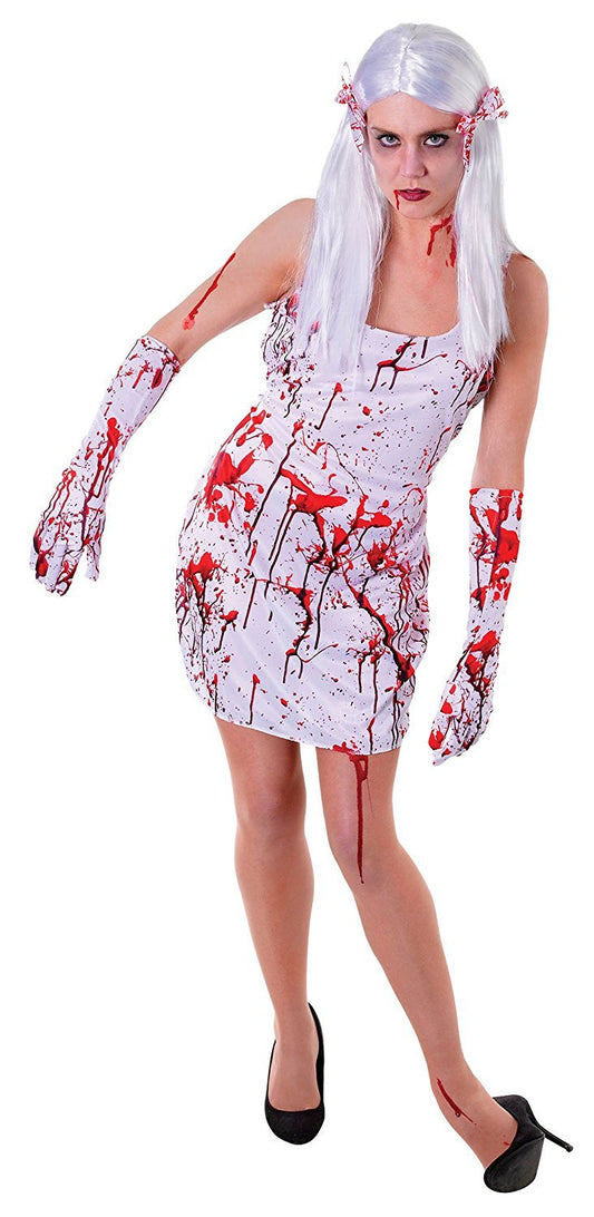 White Blood Splattered Stained Bloody Dress Size 10-14. Halloween Fancy Dress Outfit