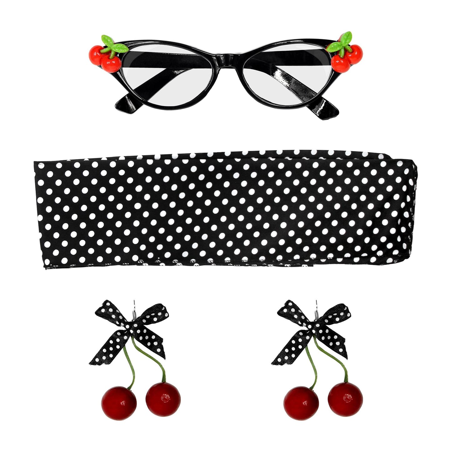 "50's CHERRY SET" (glasses, earrings, scarf) -