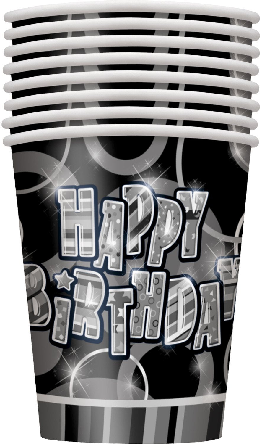 Unique Party - 9oz Glitz Black Birthday Paper Cups, Pack of 8