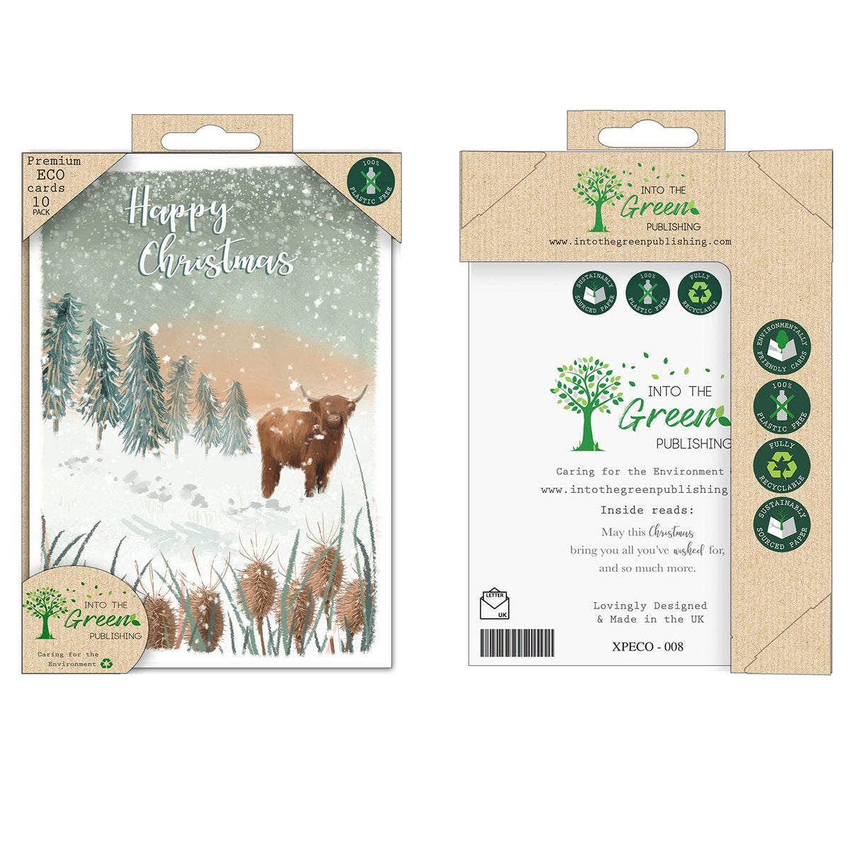 Into the Green Publishing 100% Plastic Free ECO Friendly Pack of 10 Xmas Christmas Cards with Envelopes (Bison in Snow)