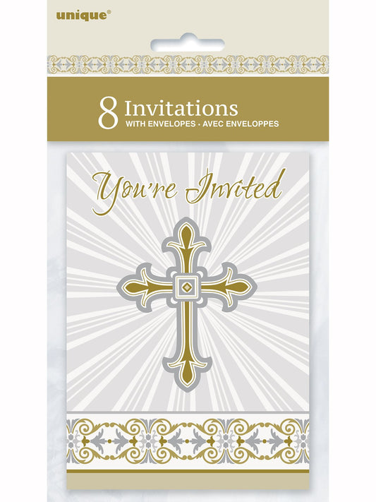 Golden Radiant Cross Invitations and Envelopes 8 Pack