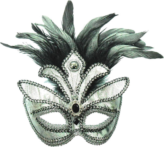 Silver With Tall Black Feather Eye Mask