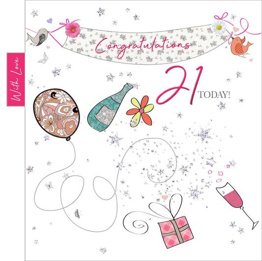 Into The Green  Birds & Banner 21st Birthday Card with Glitter & envelope