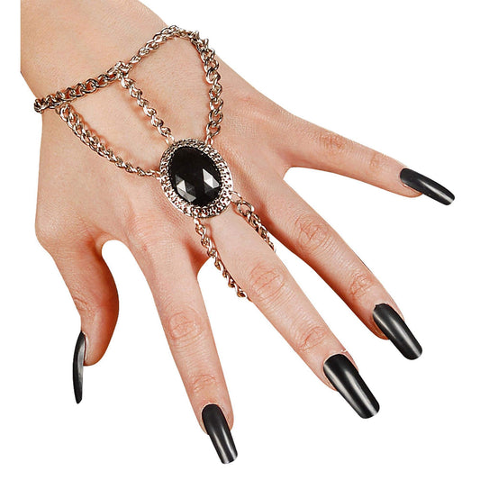 Gothic Wrist Chain withBlack Gem Medallion Accessory for Fancy Dress