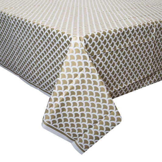 Unique Party 37233-Gold & White Scallop Print Plastic Tablecloth, 9ft x 4.5ft, Gold, 108" x 54"