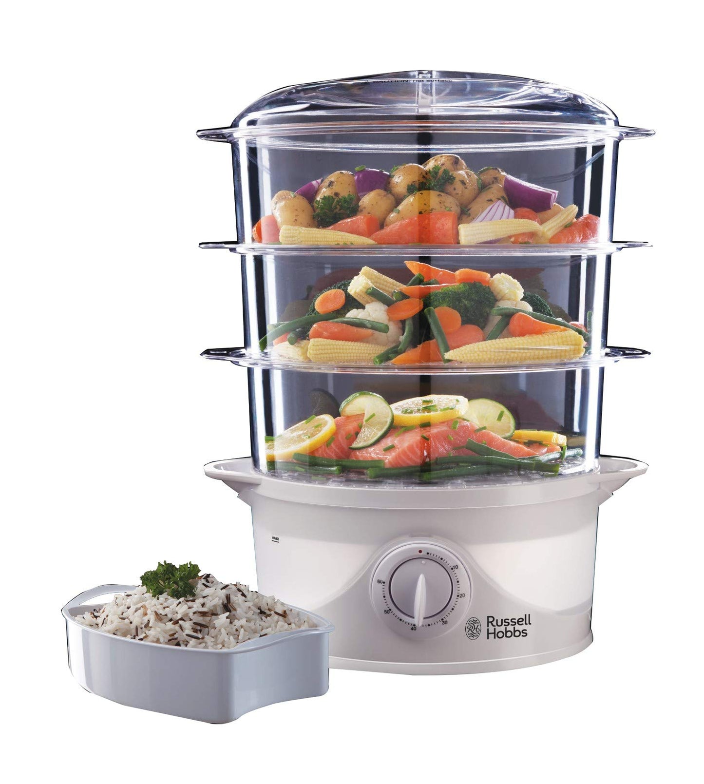 Russell Hobbs 3 Tier Electric Food Steamer, 9L, Dishwasher safe BPA free baskets, Stackable baskets, 1L Rice bowl inc, 60 min timer, Steams in 40 seconds, Healthy eating, Energy saving, 800W, 21140