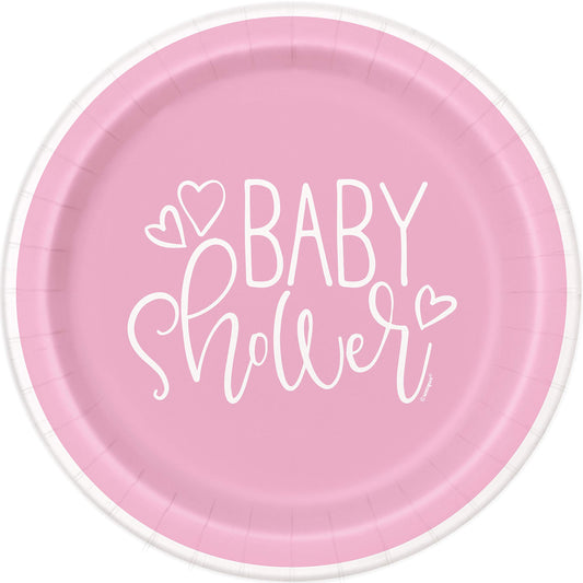 Unique 73365EU Eco-Friendly Paper Plates-23 cm-Pink Hearts Baby Shower-8 Count (Pack of 1), Multicolour