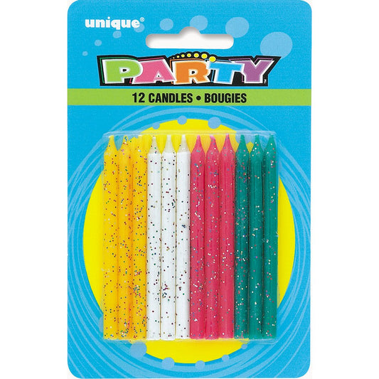 Unique Party - Glitter Birthday Candles, Assorted Pack of 12