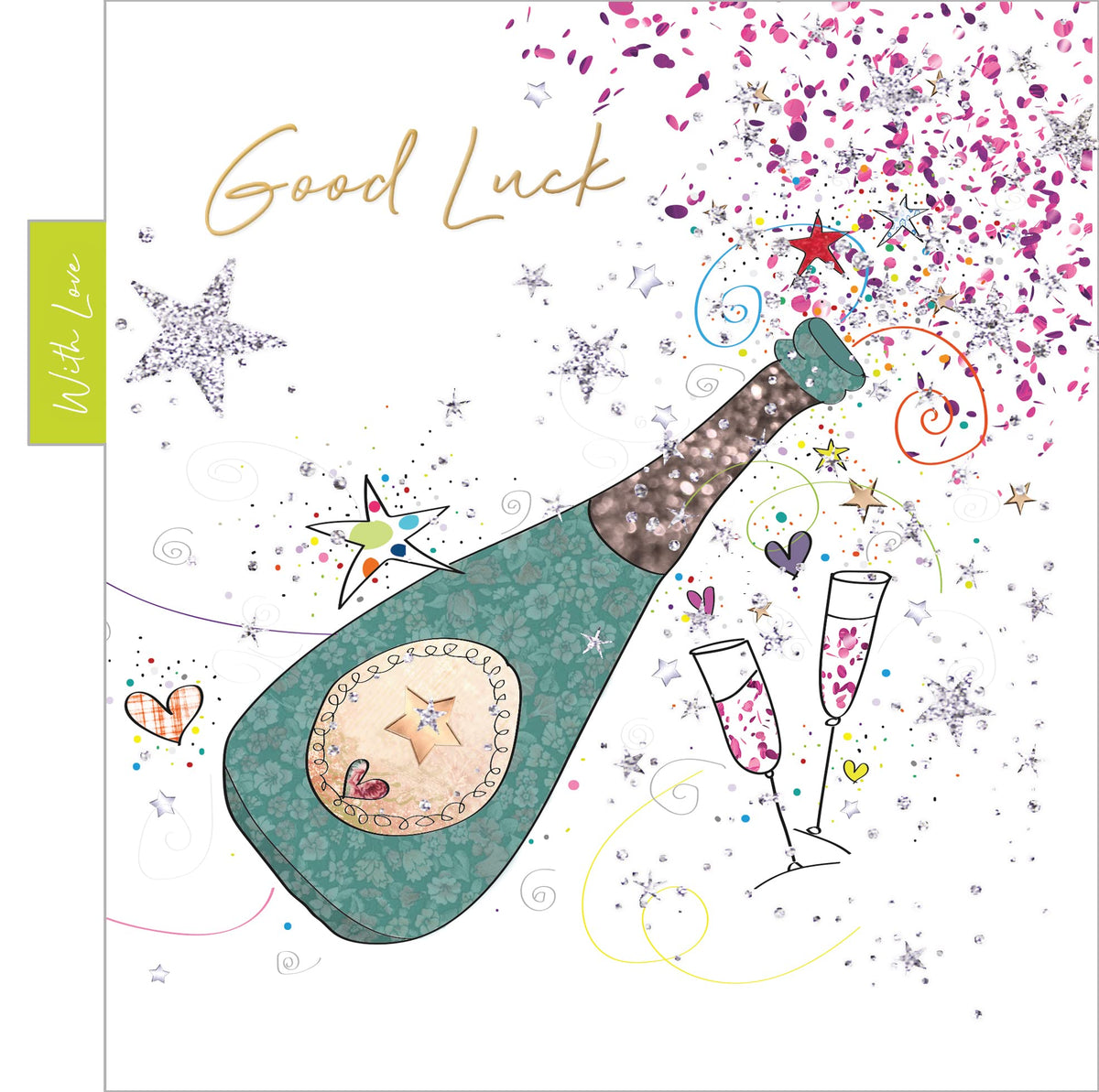 Into The Green Champagne Good Luck Card with Glitter & envelope