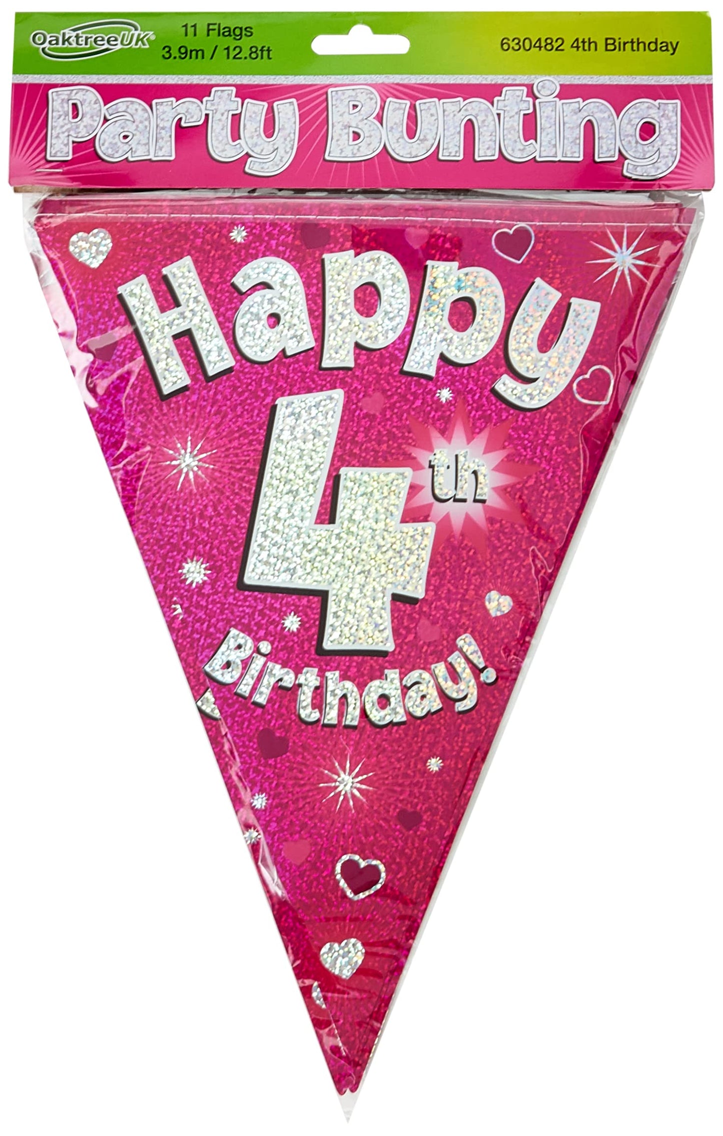 OAKTREE UK Party Bunting Happy 4th Birthday Pink Holographic 11 Flags 3.9m