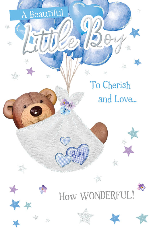 Into the Green Lovable Bear Boy Birth Birthday Card, Fluted Foil finish & ECO Glitter with Envelope