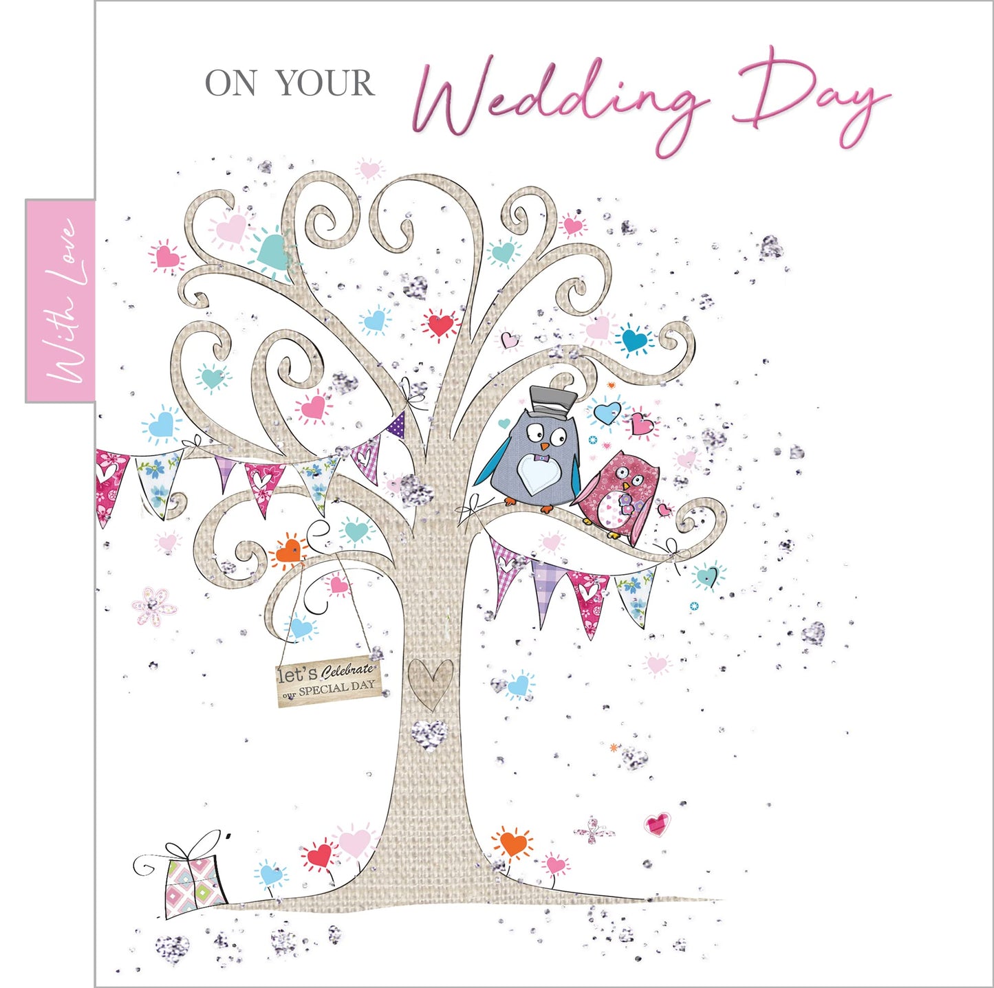 Into the Green  Owls & Tree Wedding Card with Glitter & envelope