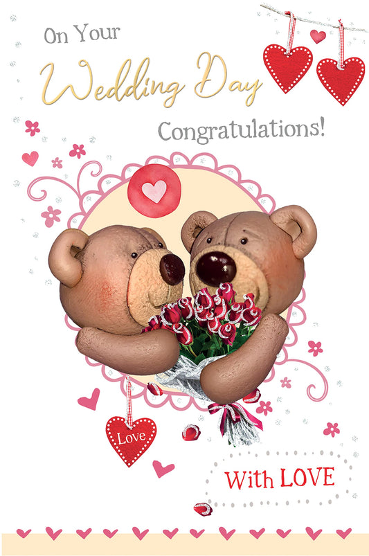 Into the Green Lovable Bear Wedding Day Cute Birthday Card, Fluted Foil finish & ECO Glitter with Envelope