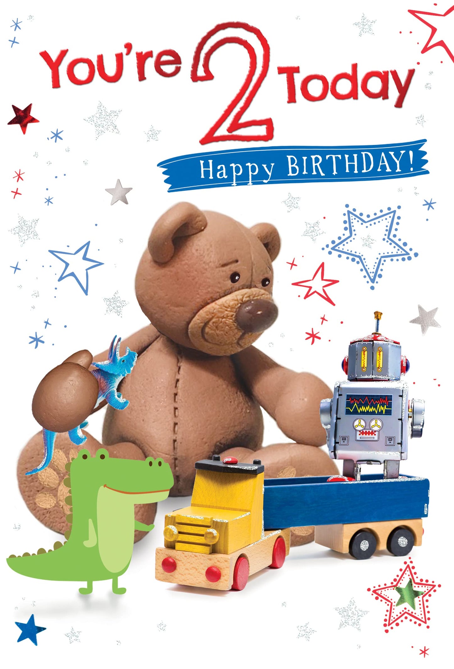 Into The Green Modern Lovable Bear AGE 2 Birthday Card, fluted Foil finish & ECO Glitter with envelope