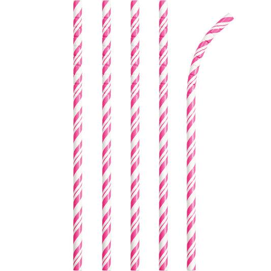 Creative Converting Eco-Flex Bendable Straws-24 Pcs, Paper, Candy Pink/White Stripe